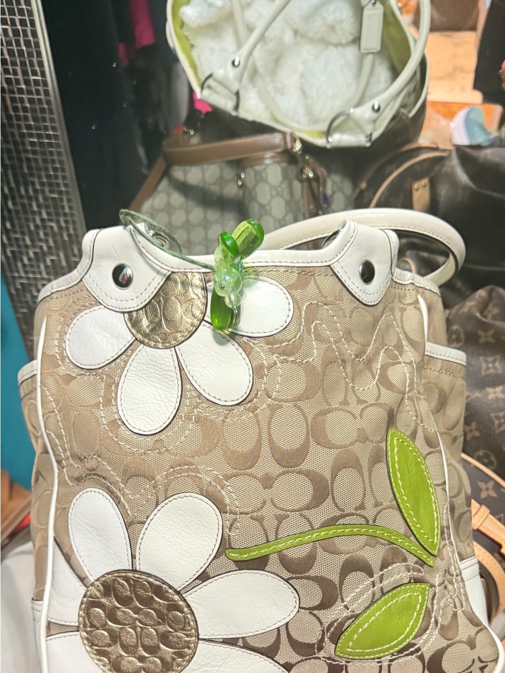 Coach Beige Canvas Shoulder Bag with White Floral Appliqués and Green Accents